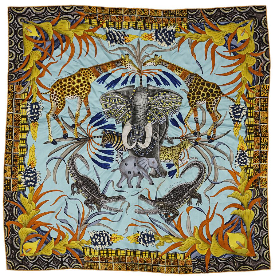 Null HERMES Paris法国制造-方形丝质斜纹布，题为 "赞比西河进行曲"，大象和热带草原动物的水蓝色、黄色、米色和棕色。带着2016年的盒子和发票，&hellip;