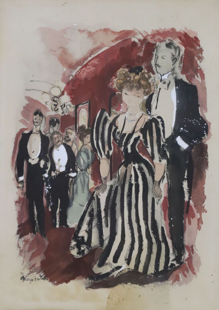Emilio GRAU-SALA (1911-1975) Elegante pareja en el teatro En el andén de la  estación Hombre mirando a tres elegantes en el gato Conjunto de tres  grabados realzados firmados en la plancha en
