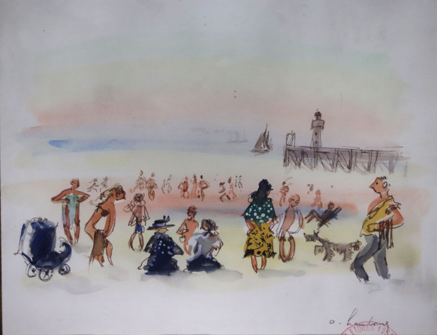 Null 安德烈-汉堡(André HAMBOURG) (1909-1999)
动画海滩 
右下角有签名的水彩画 
19 x 24 厘米