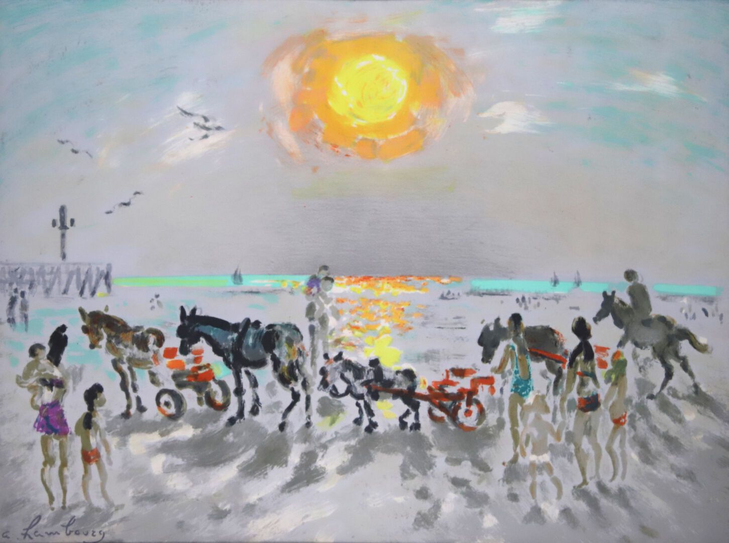 Null 安德烈-汉堡(André HAMBOURG) (1909-1999)
夕阳下海滩上的小马驹 
彩色石板画，右下角有签名 
36,5 x 49 cm a&hellip;
