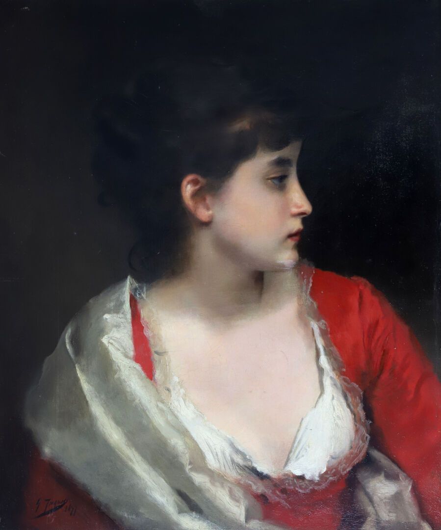Null 雅克特-古斯塔夫 (1846-1909)
身着红裙的少女肖像；1877年
布面油画，左下方有签名和日期 
(衬里)
55 x 46厘米