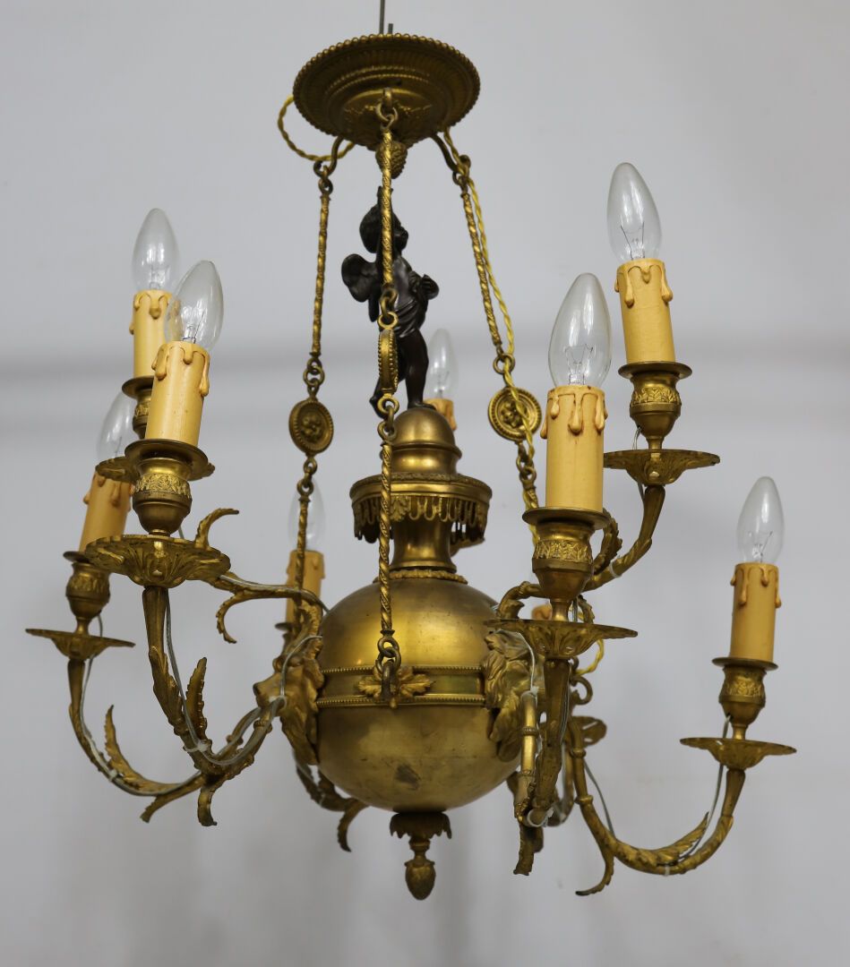 Null 带九个三灯灯臂的青铜鎏金烛台。 
装饰有一个托住灯臂的中央球体，球体上有一个青铜小天使。帝国风格
十九世纪
64 x 58 厘米