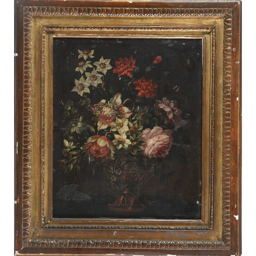 Null FRENCH SCHOOL early 18th century. "Vase of flowers on an entablature". Oil &hellip;