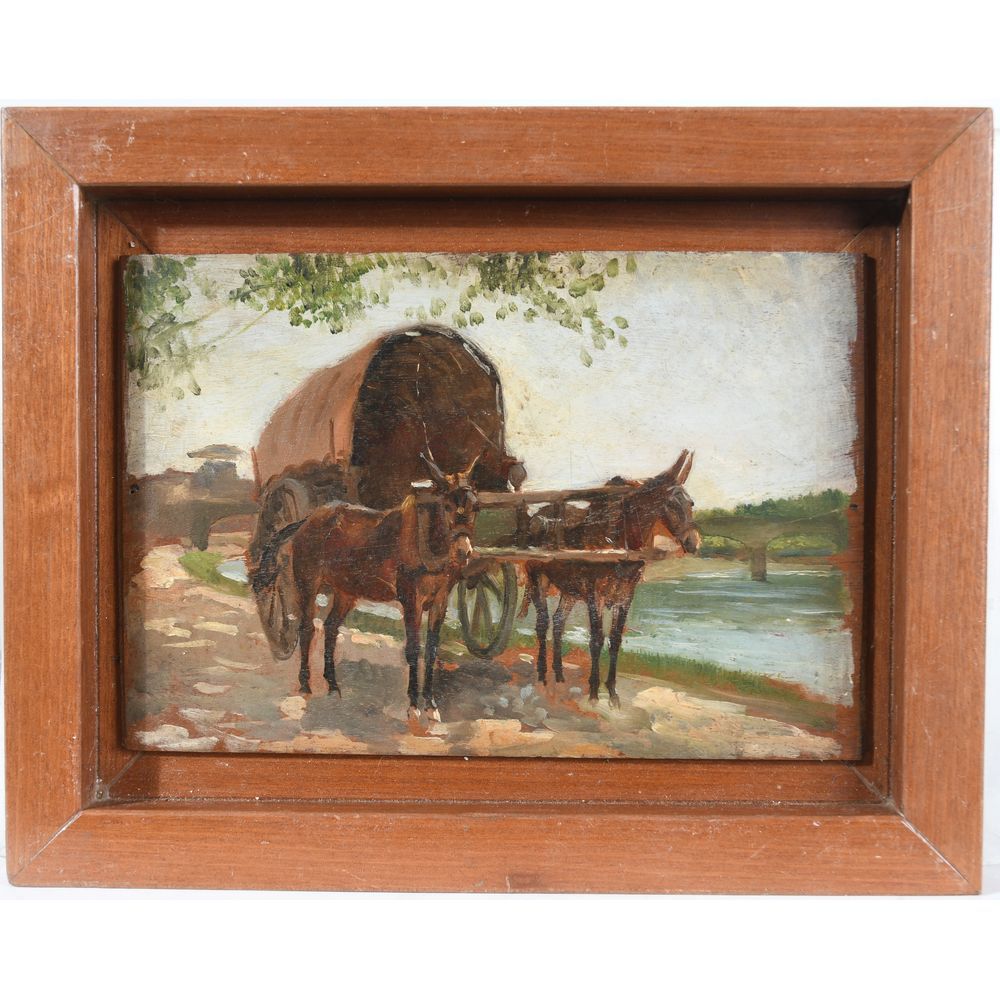 Null ABEL-TRUCHET Louis.(1857-1918).(归功于)。"由2头骡子拉的车"。板面油画，背面有铭文。H.16 L.23.