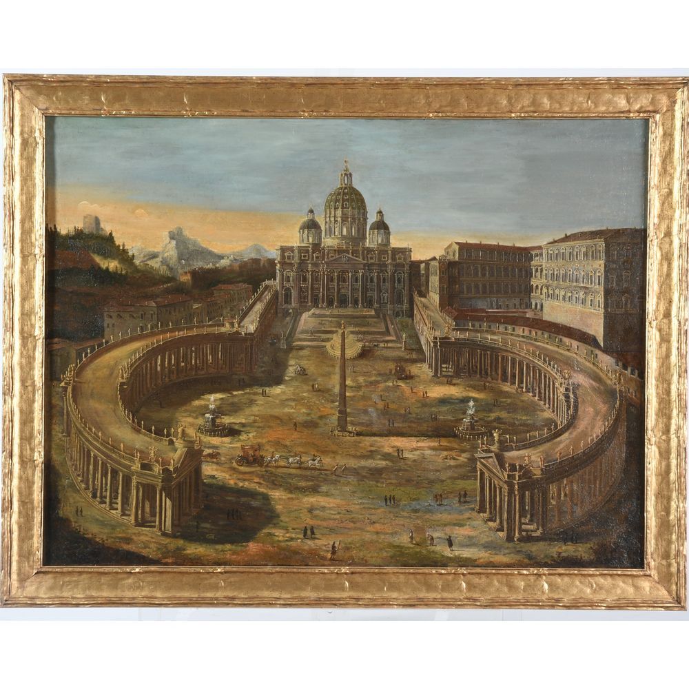 Null 约1700年的意大利教练。"圣彼得大教堂和梵蒂冈的美丽动画"。布面油画，有框架。H.74 W.98.