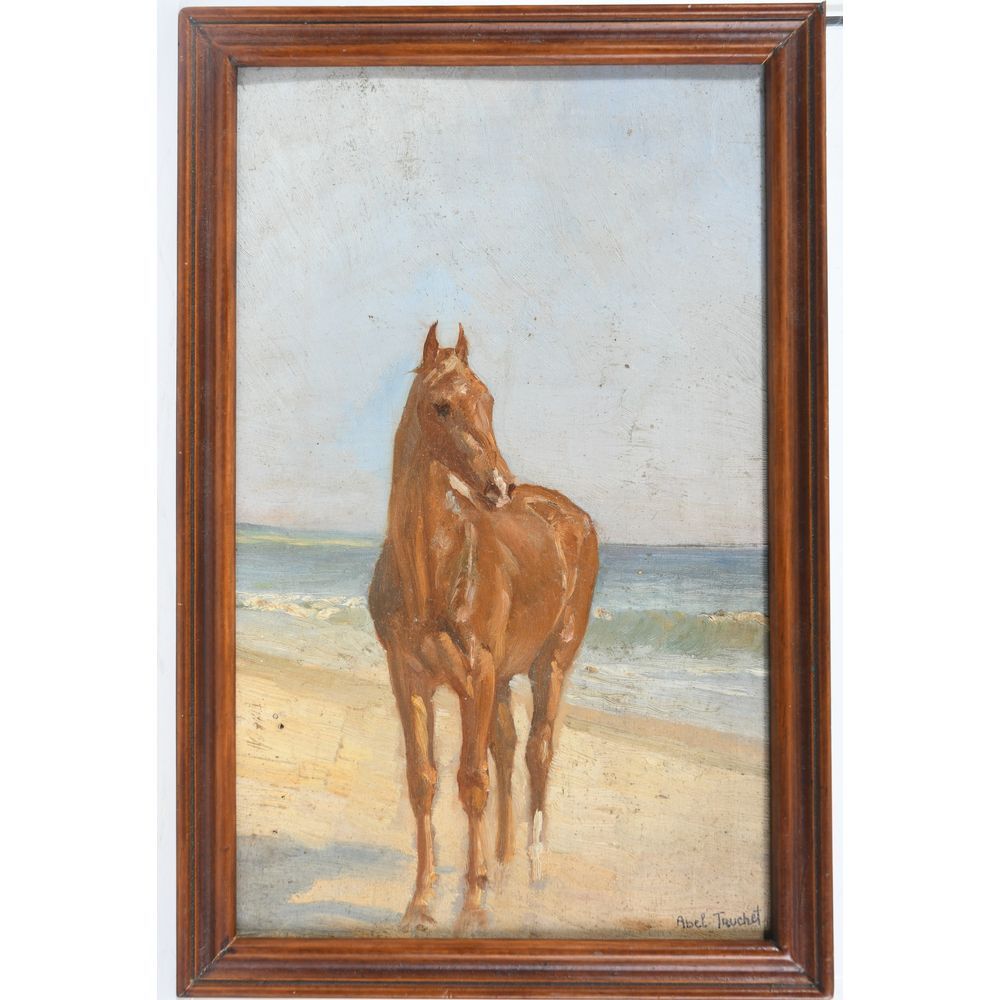 Null ABEL-TRUCHET Louis.(1857-1918)."海滩上的马的肖像"。板面油画，背面有签名和印章。H.25 L.15.
