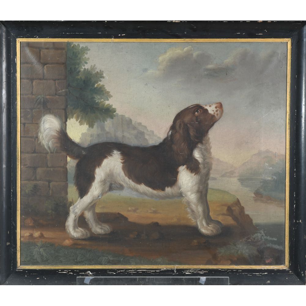 Null 19世纪的英国教练。"湖边风景中的狗的画像。布面油画，带框架（损坏和修复）。H.83 L.101.