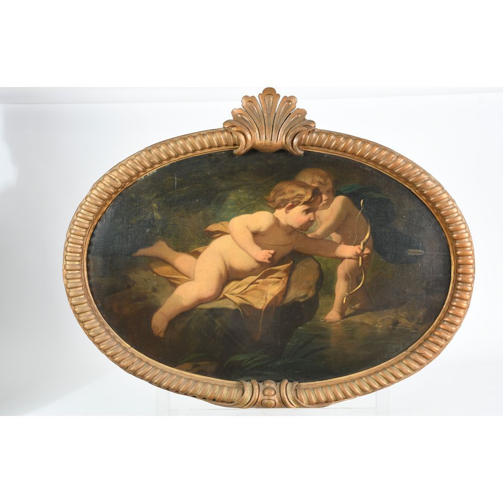 Null 意大利学校 18世纪末或19世纪初。"爱情的游戏"。一对布面油画椭圆形的木框和镀金灰泥装饰的大贝壳。H.65 L.95.
