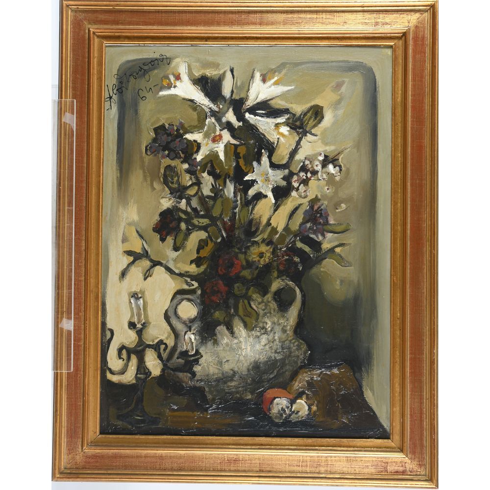 Null MONGRENIER Alain. (Né en 1940). « Bouquet de fleurs ». Huile sur toile sign&hellip;