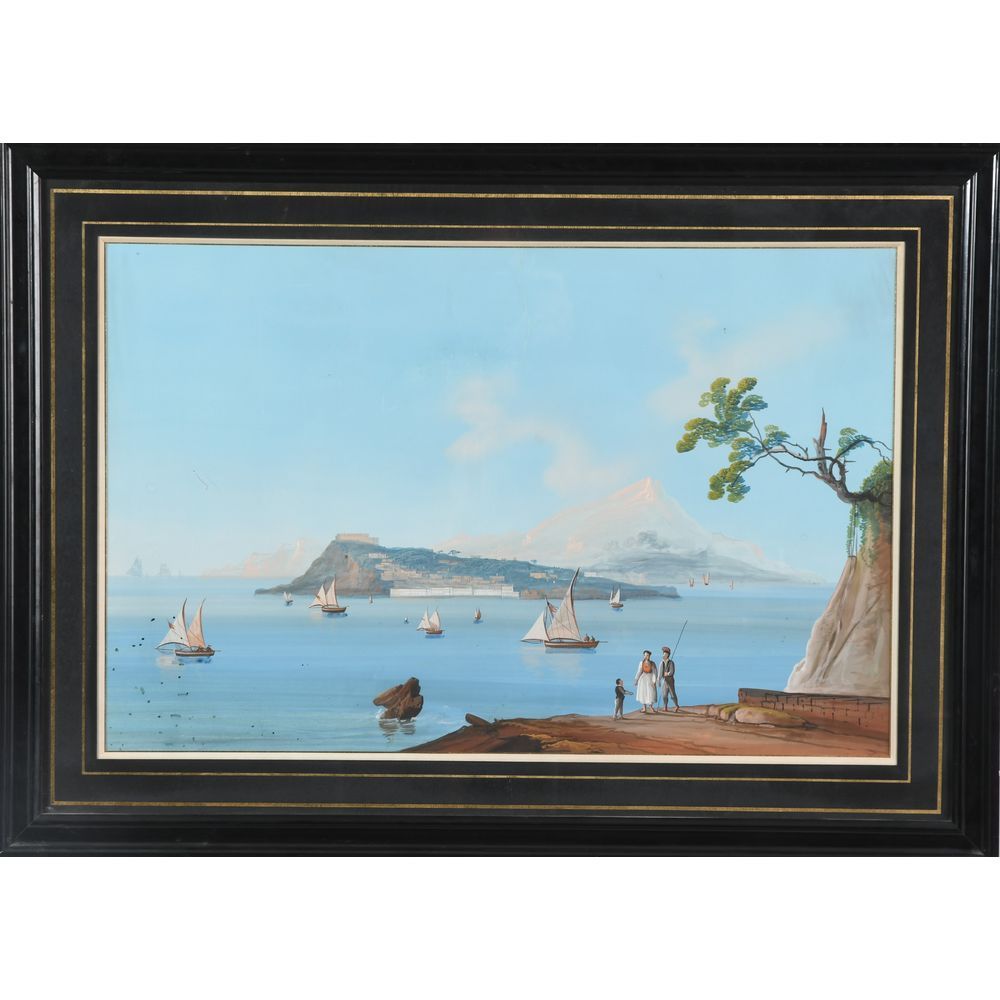 Null 19世纪的纳波利特学校。"那不勒斯湾 "和 "埃特纳景观"。1840年左右的一对大型美丽的水粉画，有一个很好的动画。有框。H.43 W.65.