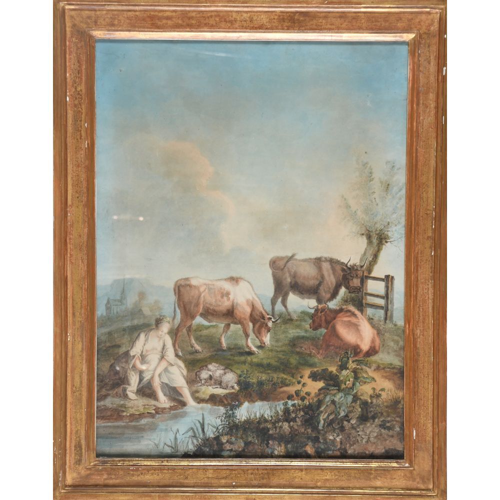 Null SCUOLA FRANCESE inizio XIX secolo. "Coppia di scene pastorali. 2 acquerelli&hellip;