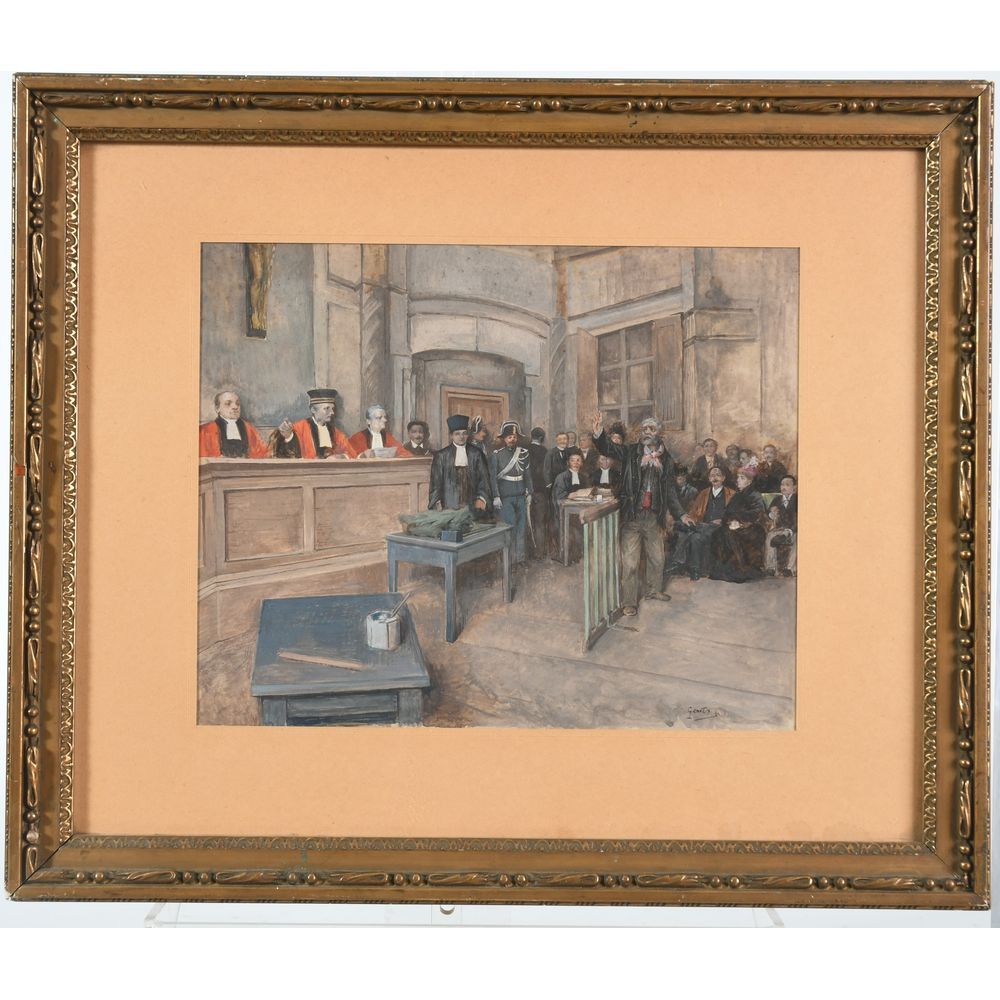Null GERVEX Henri.(1852-1929)."法院"。水彩画，1860年左右签名。H.24 L.30.
