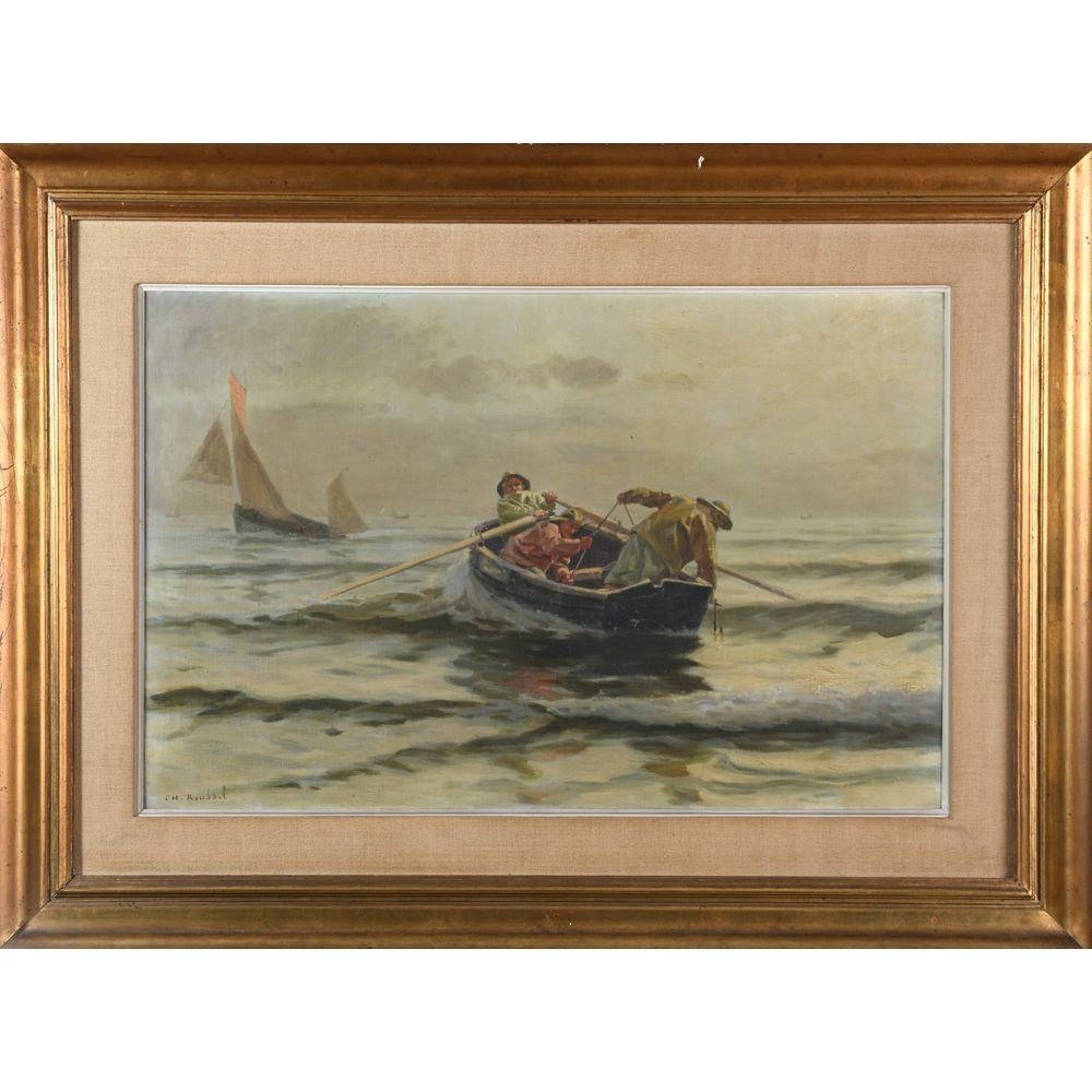 Null ROUSSEL Charles. (1861-1936). « Les pêcheurs posant l’ancre ». Toile signée&hellip;