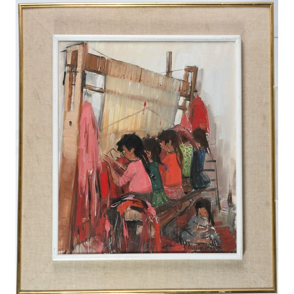 Null PLATEAU-LEVRAT C. "Young girls at the loom". Oil on canvas. H.55 L.45.