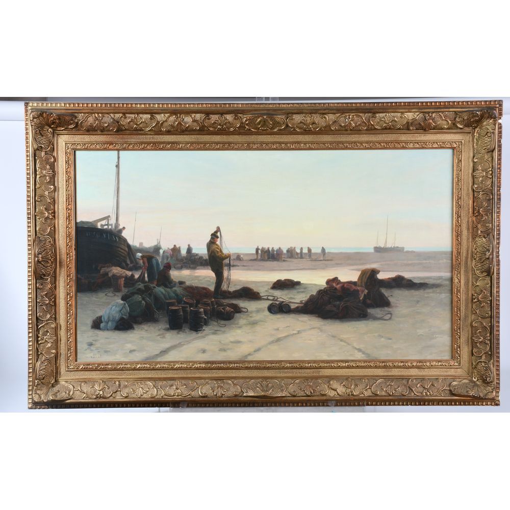 Null 罗赛尔-查尔斯。(1861-1936)."为捕鱼做准备"。大型布面油画，已签名。H.108 L.61.