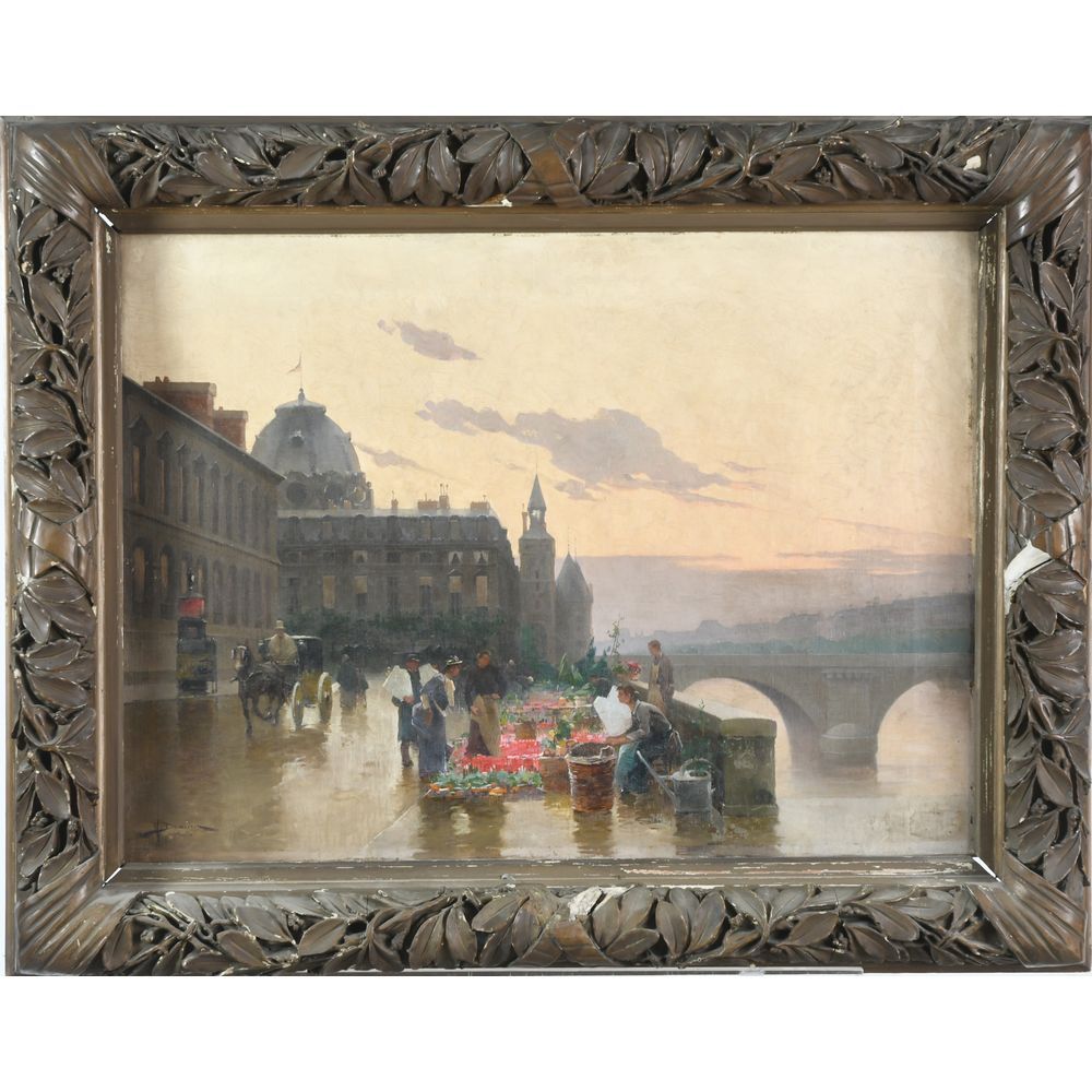 Null DARIEN Henri-Gaston. (1864-1926). « Paris, le marché aux fleurs ». Huile su&hellip;