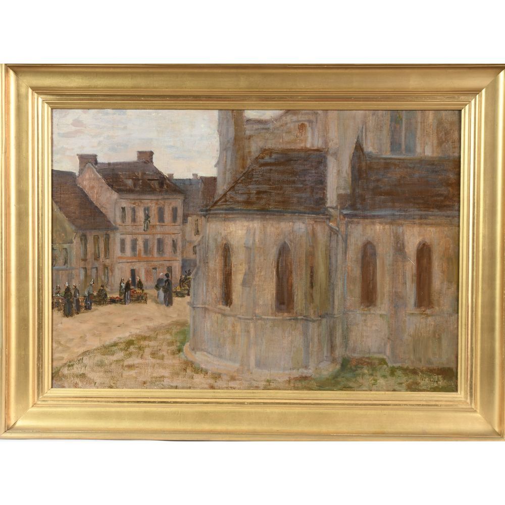 Null CLARY Eugene. (1856-1929). "Market scene around the church". Oil on canvas &hellip;