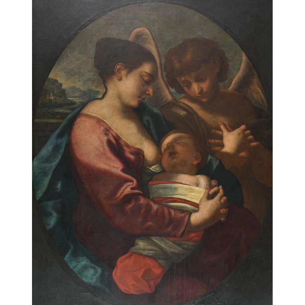 Null 托尔-弗拉米尼奥。(1620-1661).(归功于)。"圣母与儿童"。布面油画（内衬）。背面有 "属于曼特夫尔男爵夫人 "的标签。(修复和重绘)。H.&hellip;