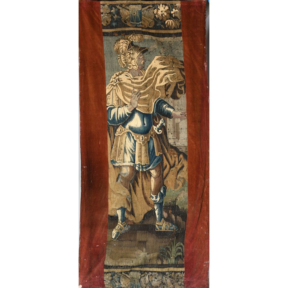 Null AUBUSSON. FRAGMENT de tapisserie représentant un homme casqué. Ep. XVIIè. H&hellip;