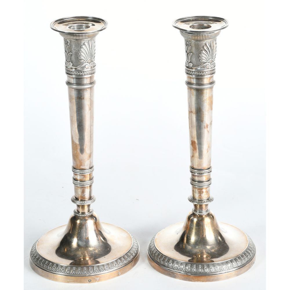 Null PAIR OF EMPIRE CANDLES in solid silver with the Vieillard mark. Round base &hellip;
