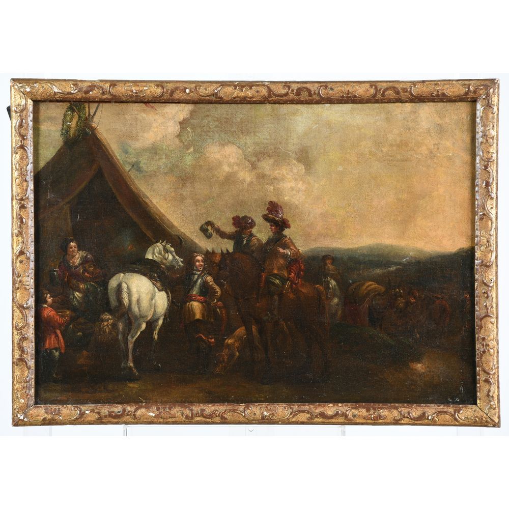 Null WOUWERMANN. (Entourage de)." Arrival at the camp". Oil on canvas. H.43 L.62&hellip;