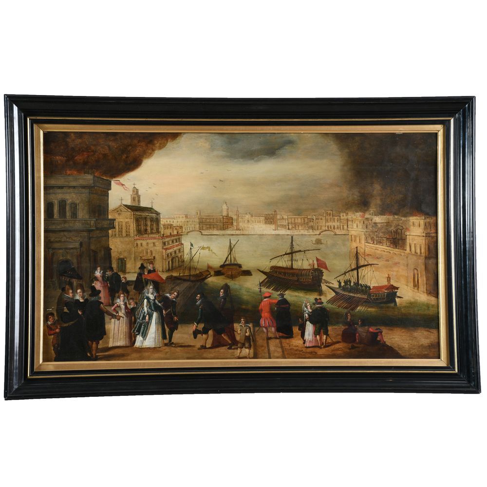 Null DE CAULLERY Louis (1580-1621)。(归功于)。"威尼斯，抵达圣马可盆地前的夜晚"。橡木板上的油彩与镶木板。H.52 L.90