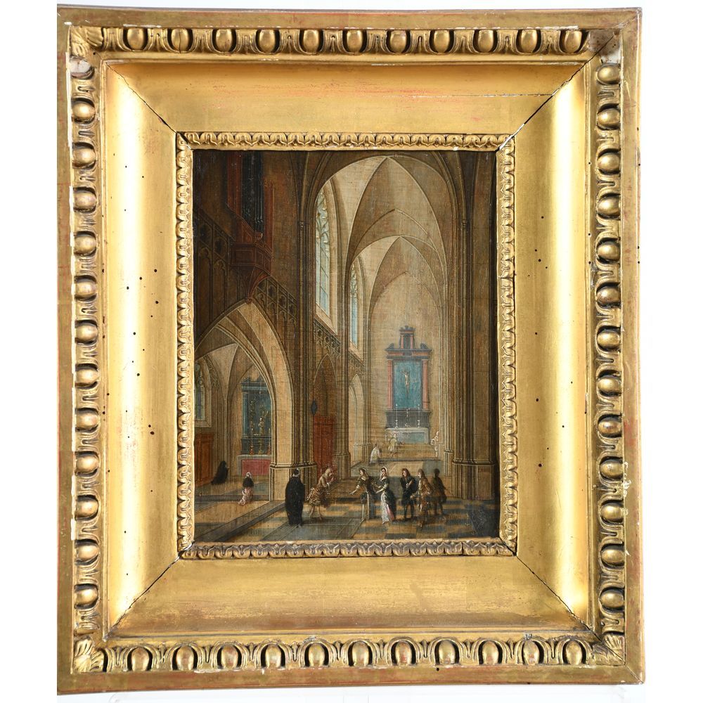 Null NEEFS皮特。(的研讨会）。17世纪的弗莱米什学校。"代表团抵达教堂内"。面板上的油画（重绘）。H.24,5 L.18,5。
