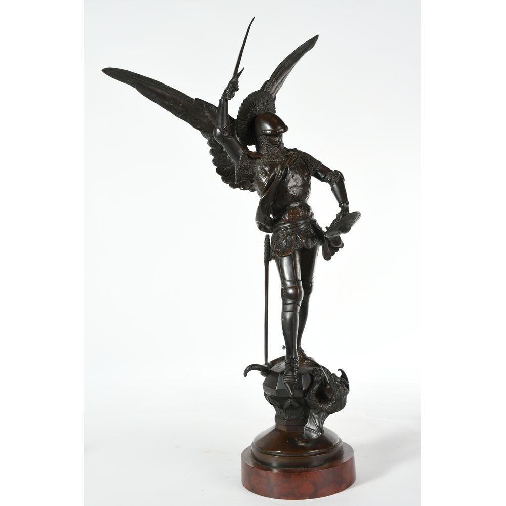 Null FREMIET Emmanuel.(1824-1910)."圣乔治屠龙"。青铜，带有棕色的铜锈。老演员。大理石底座。H.63 L.32.