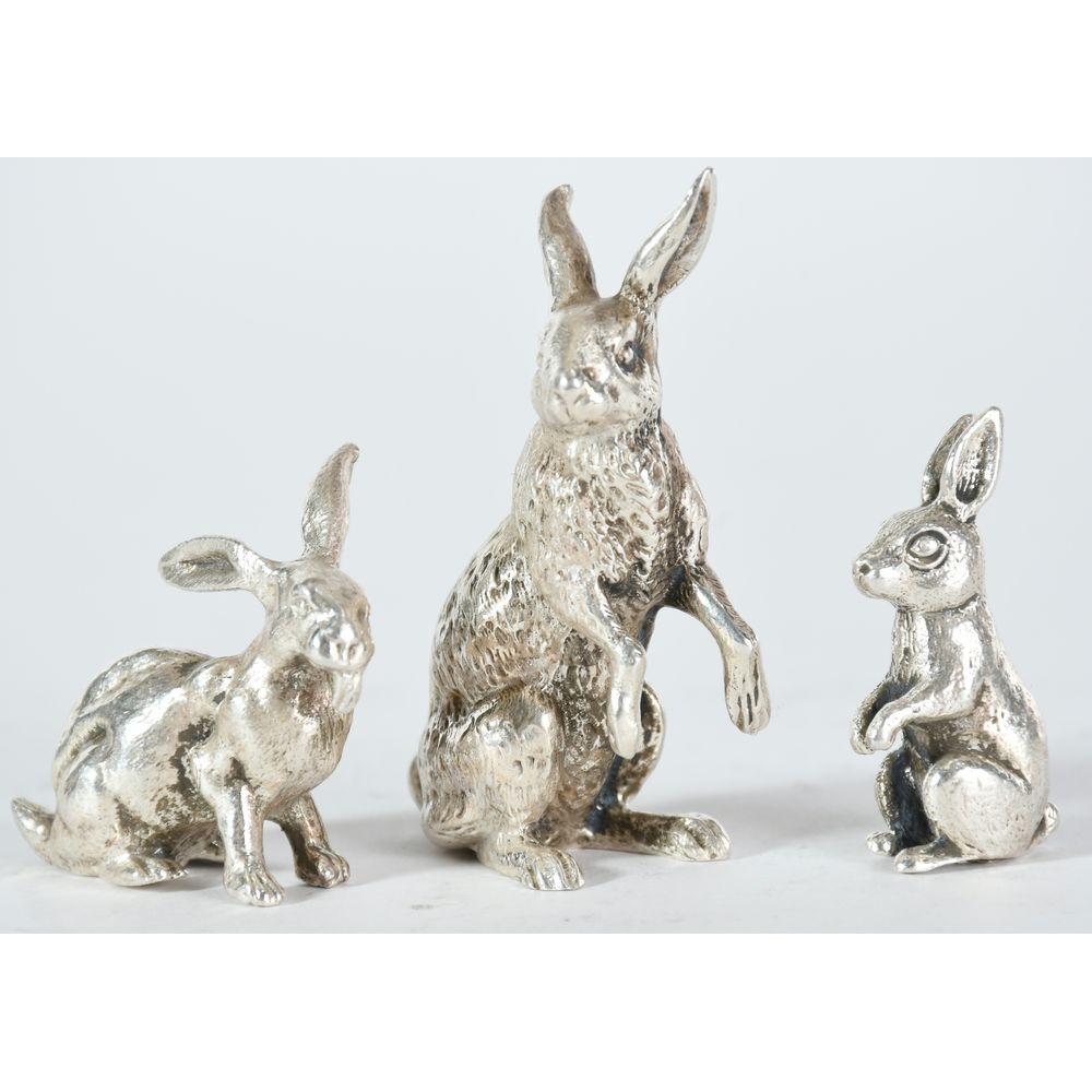 Null SMALL COLLECTION of 3 hares in solid silver, hallmarked Minerve
