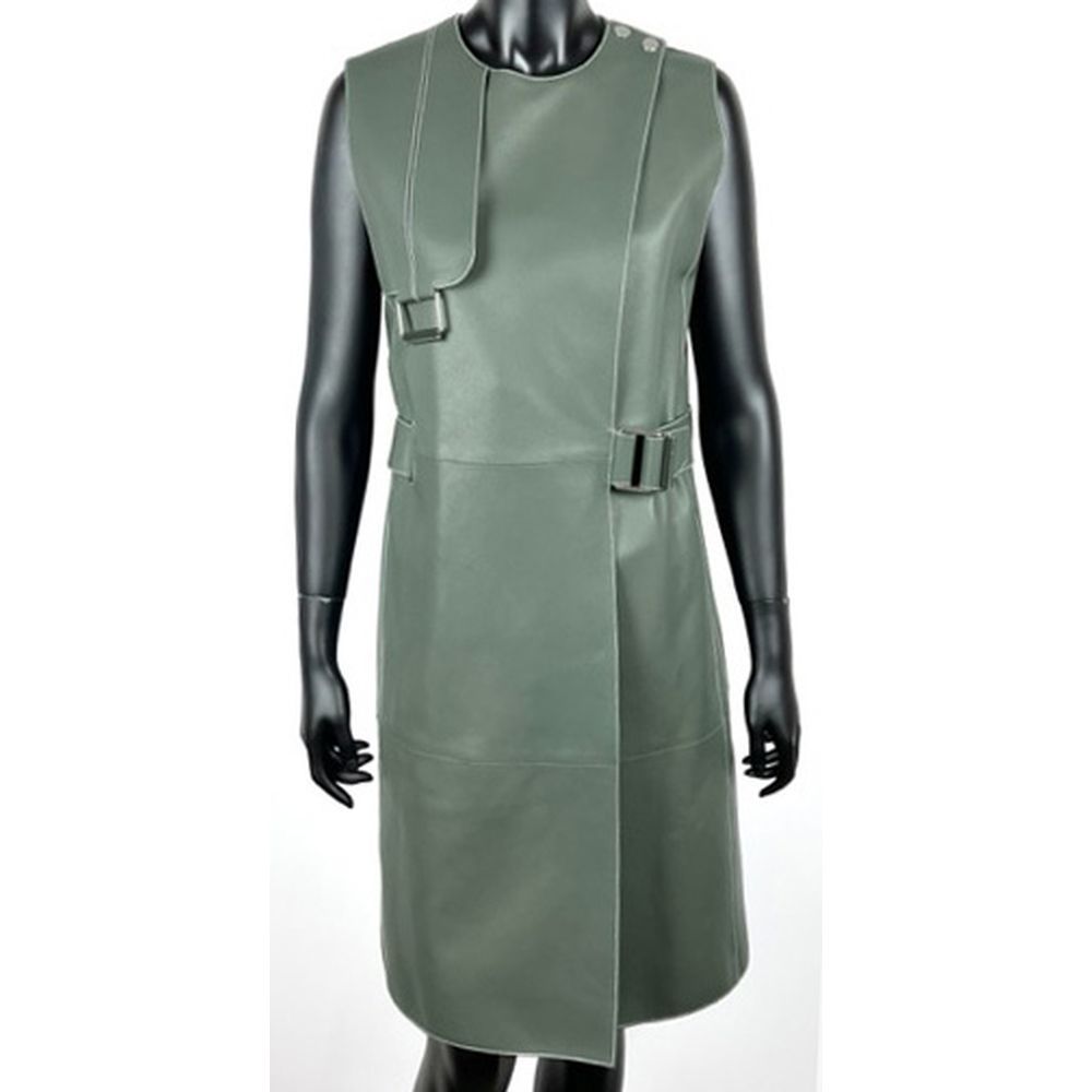Null HERMES Paris. Sleeveless dress in olive green leather. White saddle stitchi&hellip;