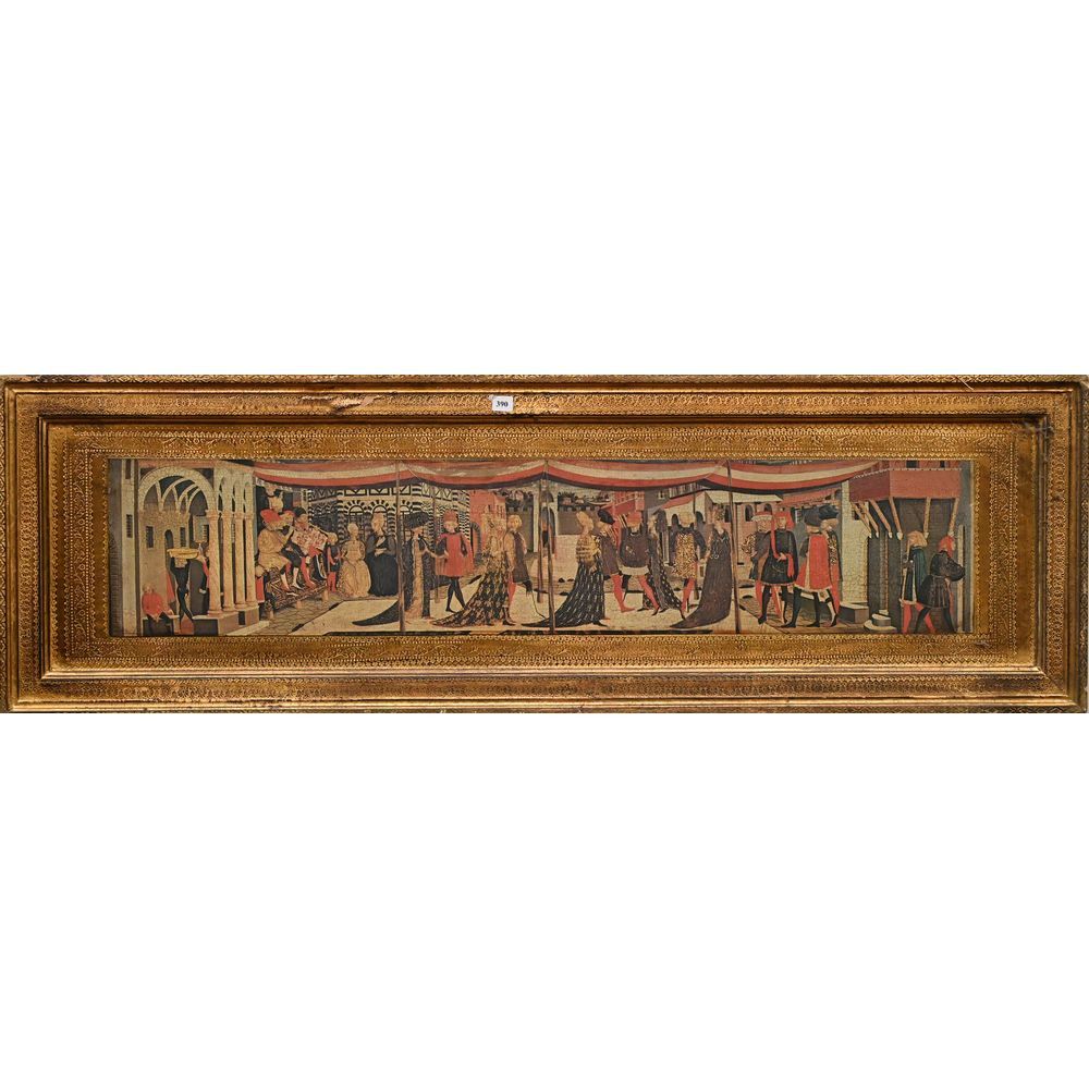 Null 一幅中世纪风格的求爱场景画，带有镀金的木框。H.110 L.37.
