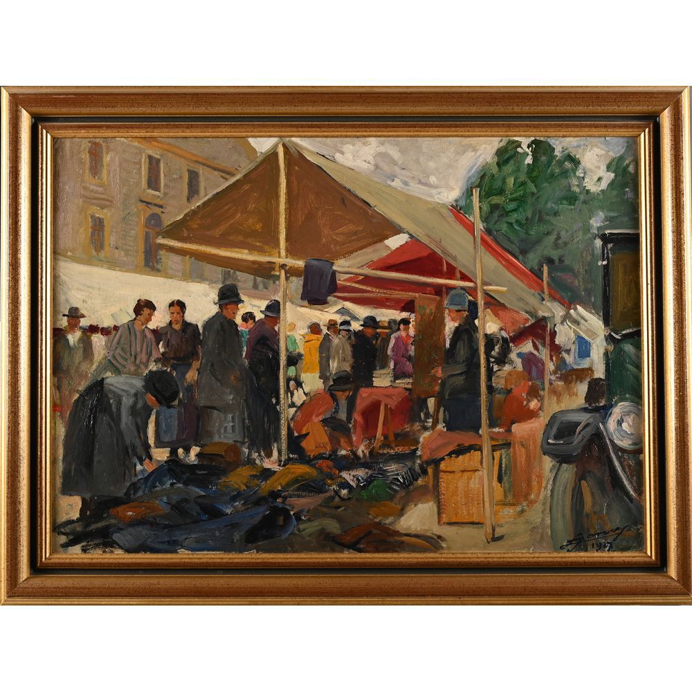 Null JONAS Lucien. (1880-1947). «Le marché». Huile sur panneau signée et datée 1&hellip;