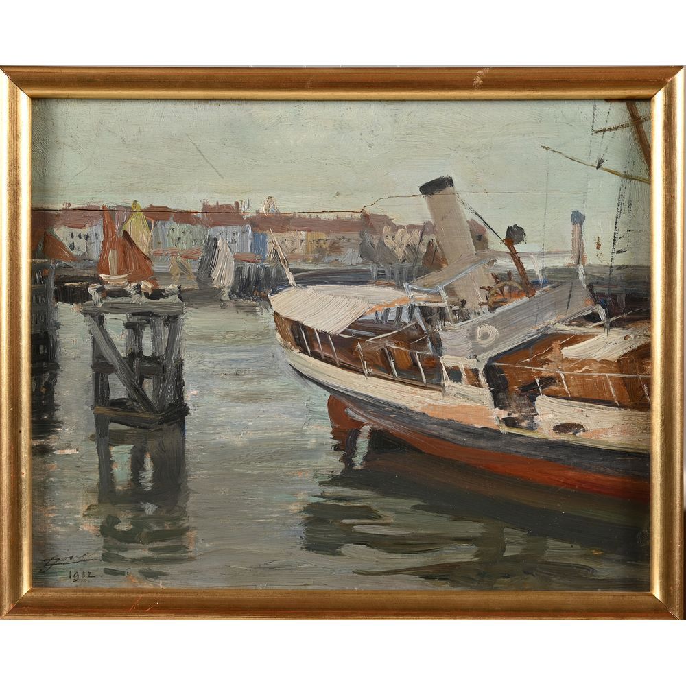 Null JONAS Lucien. (1880-1947). «Bateau à vapeur dans un port». Huile sur pannea&hellip;