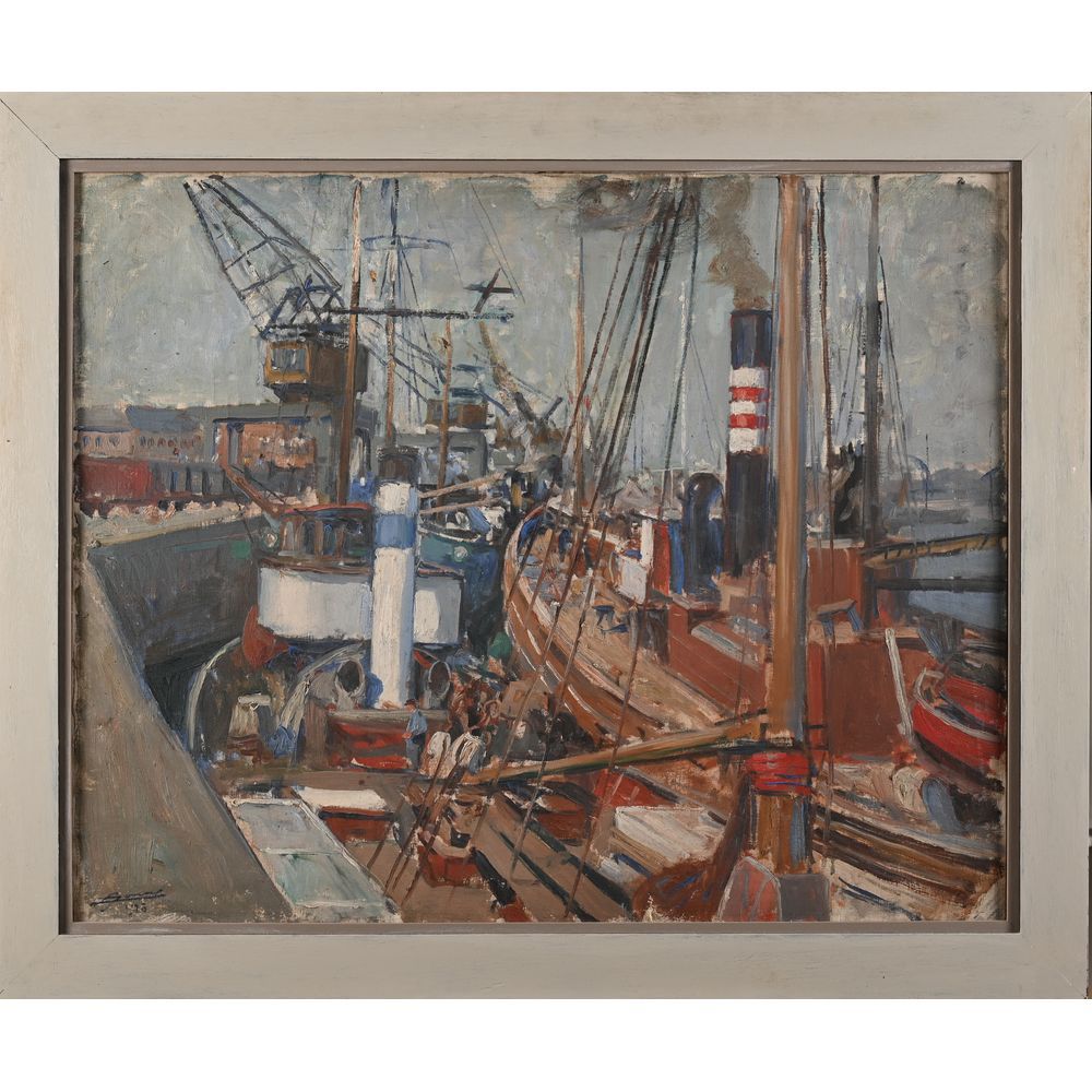 Null JONAS Lucien. (1880-1947). «Le chargement des bateaux». Toile signée et dat&hellip;