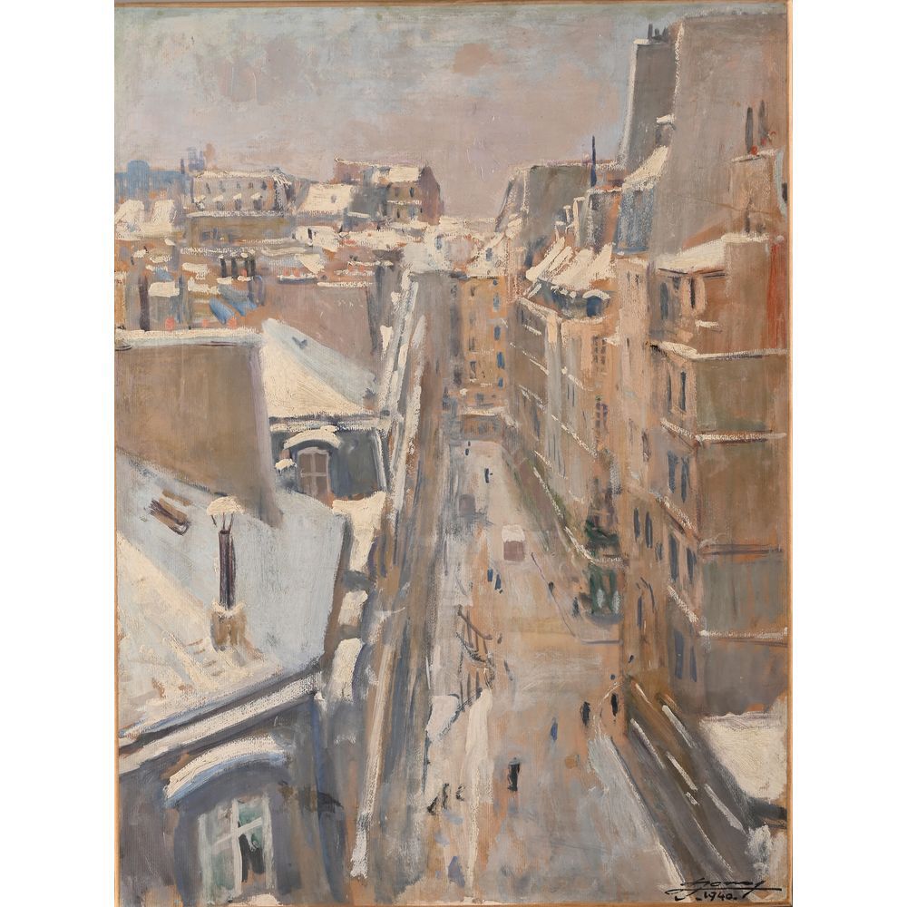 Null JONAS Lucien. (1880-1947). «Paris, les toits enneigés». Huile sur papier si&hellip;