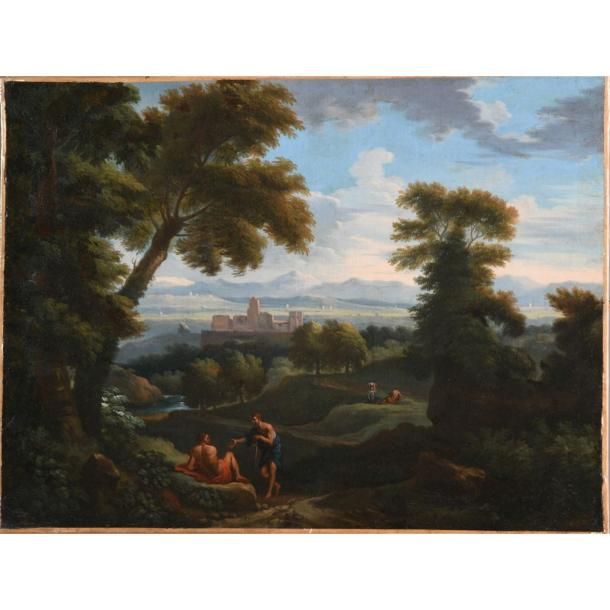 Null ÉCOLE ROMAINE vers 1700. « Scène animée dans un paysage ». Huile sur toile.&hellip;