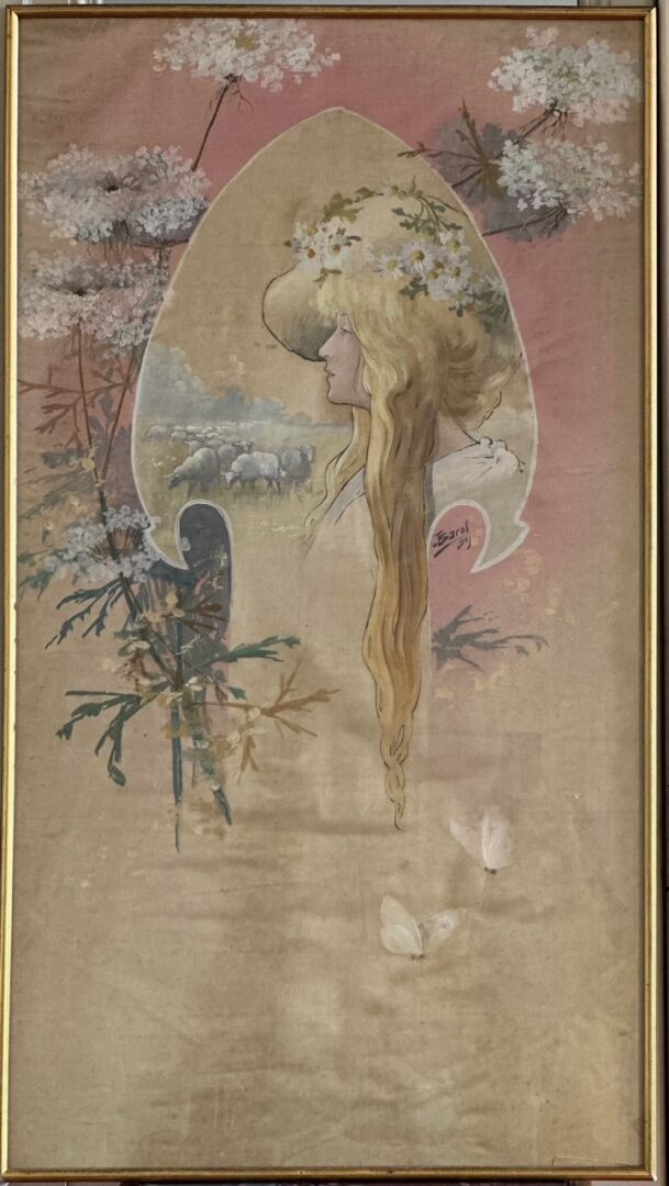 Null 让-巴罗尔（1873-1966）
装饰项目研究，约 1900 年
丝绸上的油画，带有多色装饰，描绘在羊群风景中头戴花帽的女性侧面，右下方有签名 
H.&hellip;