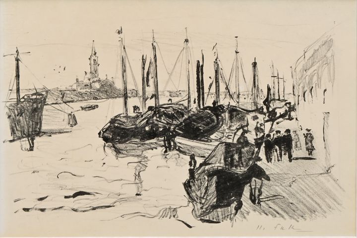 Falke(?), Hafenszene / Falke(?), lithography 猎鹰（？）水道，背景是停泊的船只和塔。石版画。右下角有模糊的签名。在一&hellip;