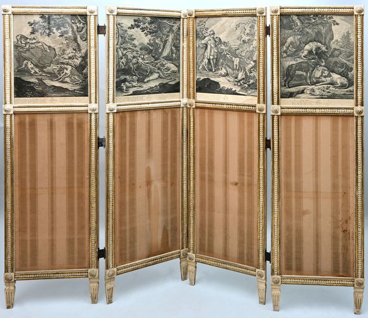 Paravent, 4 Radierungen-Stiche / Screen with etchings 屏风，19世纪末。 硬木，白漆，边缘部分镀金。框架上&hellip;