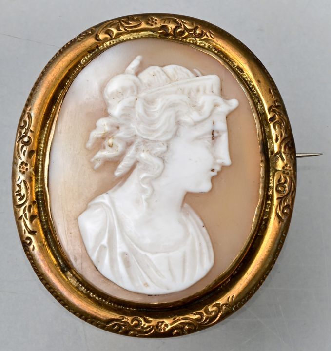 Brosche mit Muschelkamee/ cameo brooch Broche camée, 19e siècle. Monture ovale e&hellip;