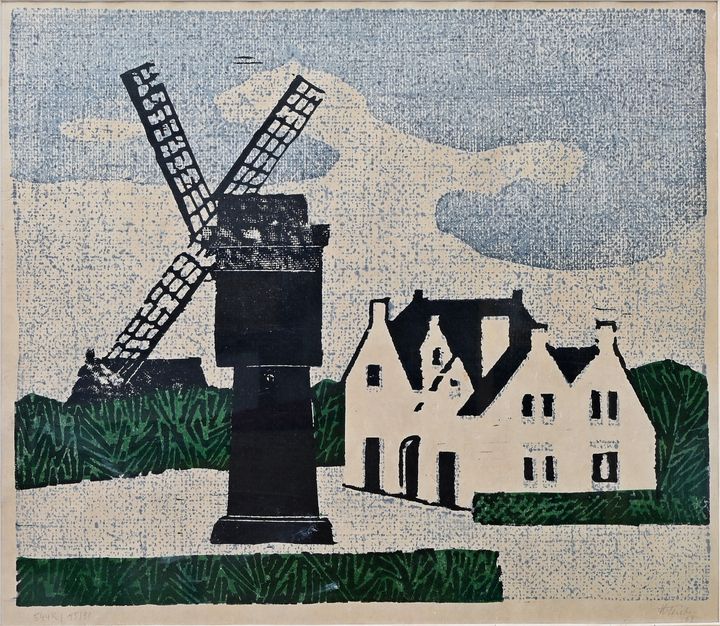 Neuber, H.: Windmühle/ wind mill Neuber (?), H. 有风车的风景。1969年，木版画，签名，日期，编号。前。45/ &hellip;