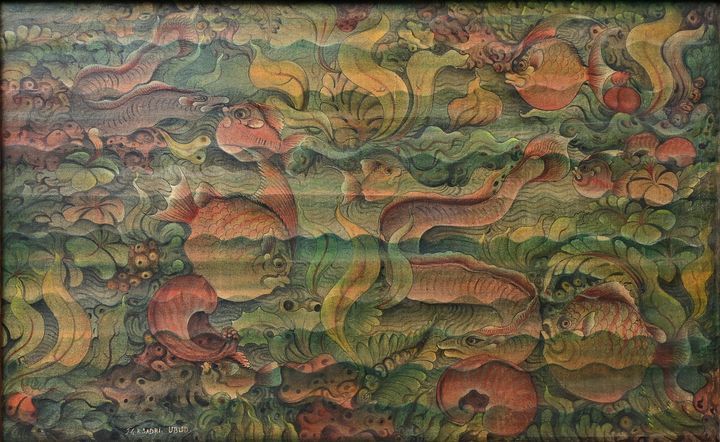 Unterwasserwelt Bali / Balinese artist 巴厘岛艺术家，20世纪 "热带海洋生物"（鱼的水下世界）。画在画布上，在下缘的标志&hellip;