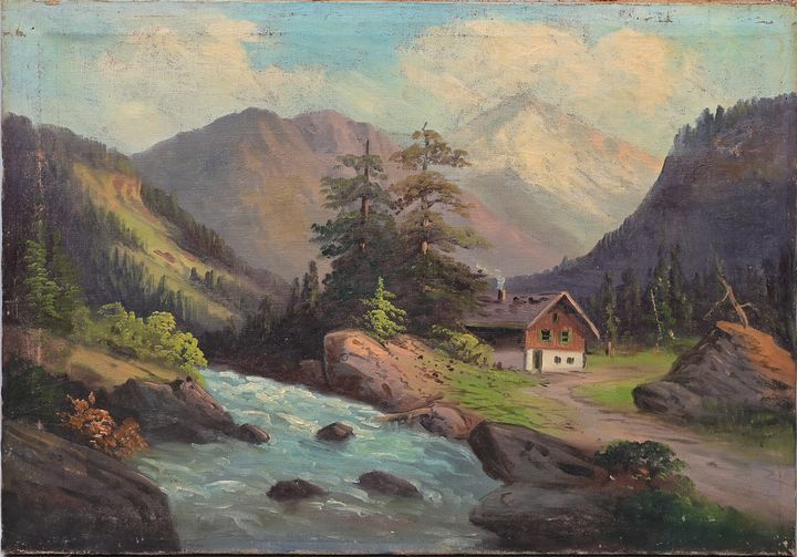 Alpenmaler, 19. Jh.: Gebirgstal/ mountainous landscape 山水画家，19世纪下半叶，阿尔卑斯山的山谷。布面油&hellip;