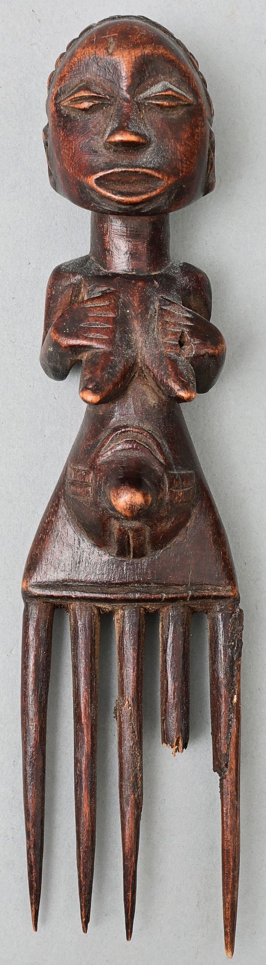 Null Comb, D. R. Congo, style Luba/ Hemba wood, carved, figural handle: female f&hellip;
