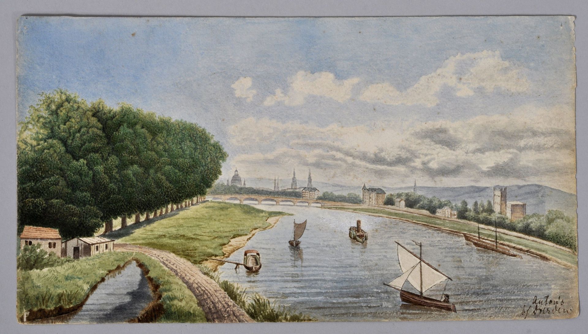 Null 不详，19世纪中期。 德累斯顿-约翰市的易北河，朝向老城区的景色。水彩画，右下方刻有 "Anton's b.德累斯顿''。14 x 24 cm (sh&hellip;