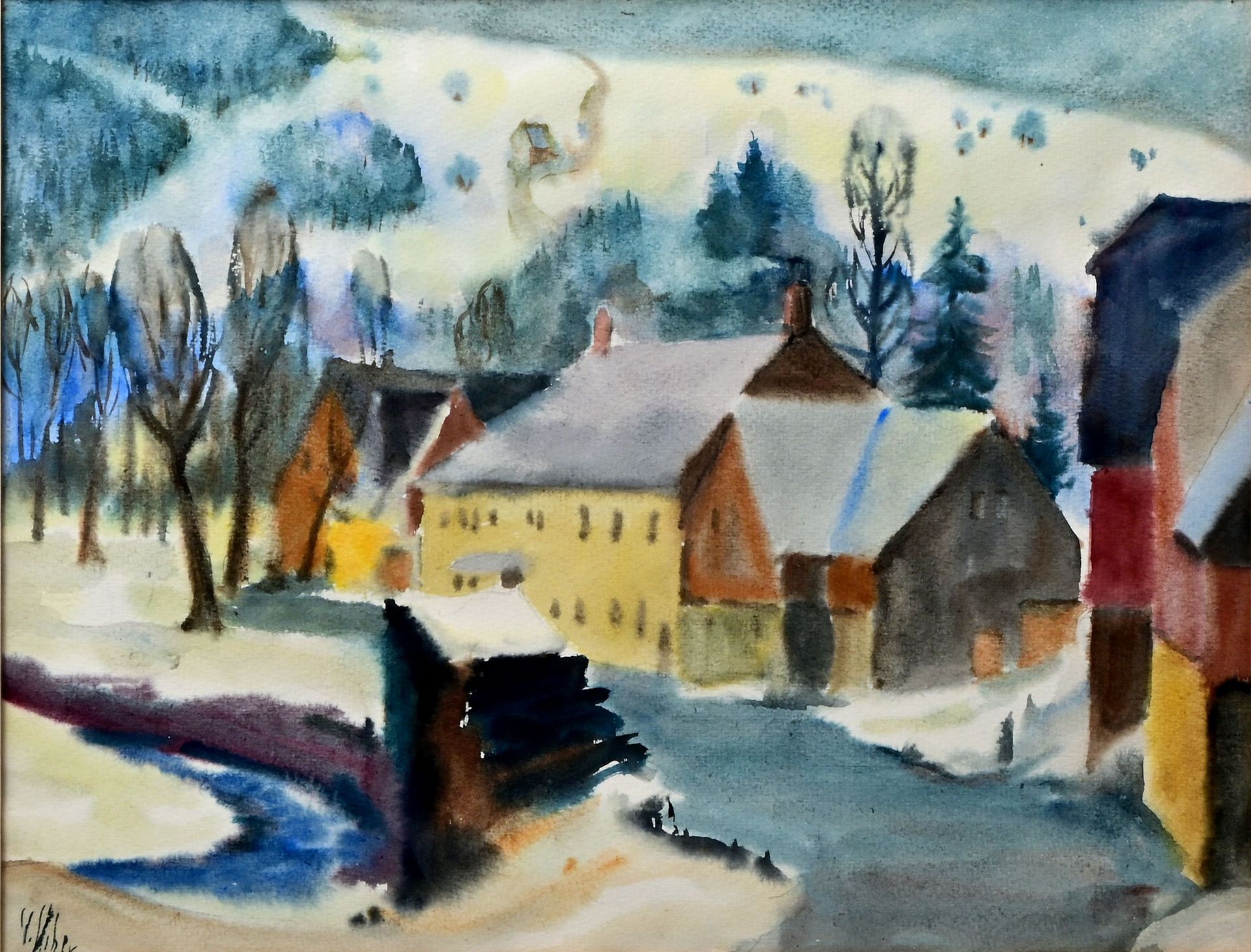 Null 萨克森艺术家，20世纪中期。 山谷中的冬天（Bielatal？）水彩画，左边和右边都有难以辨认的签名，PA发黄，36,5 x 48厘米（PA），玻璃后&hellip;