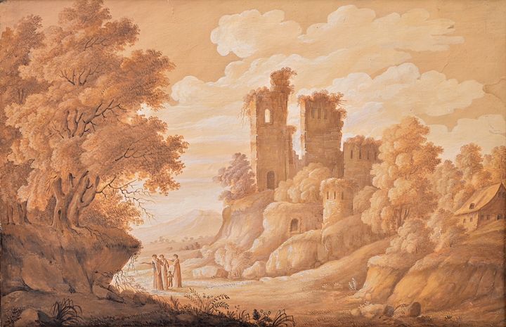 未知艺术家，约1800 年带有废墟城堡和人群的阿卡迪亚风景画。水墨画