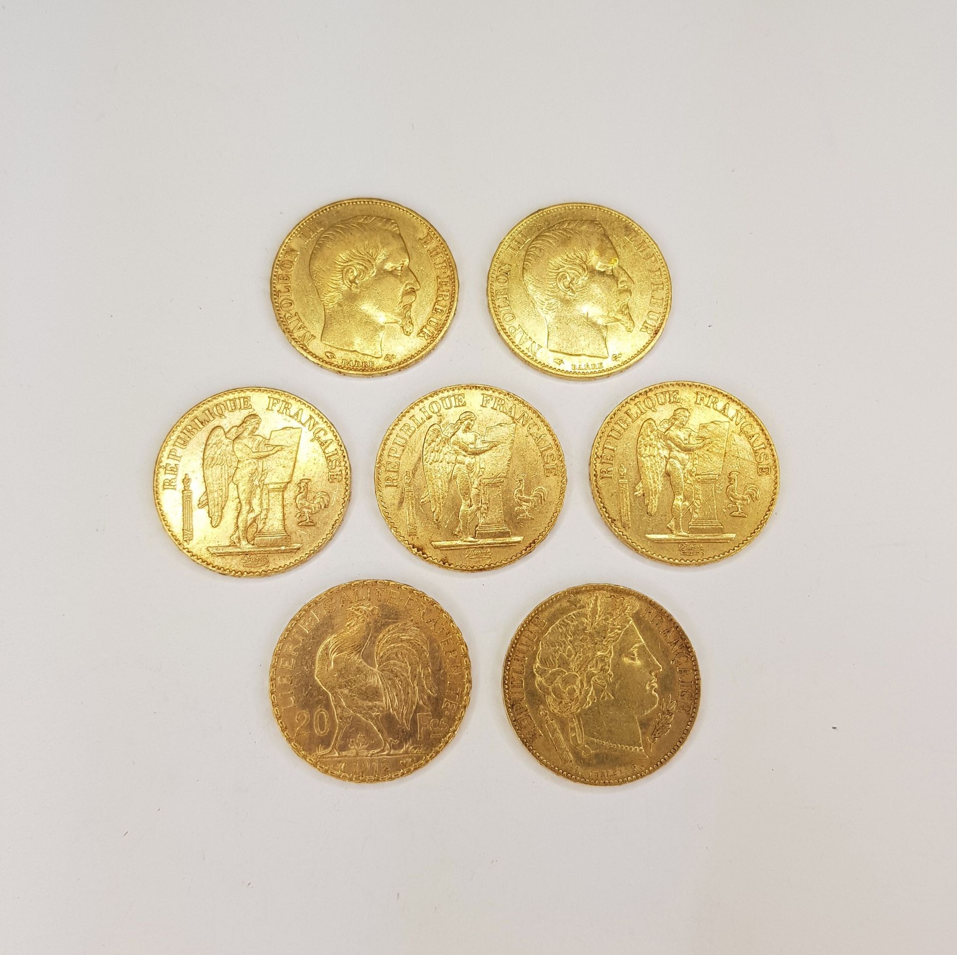 Null SEPT pièces de 20 Francs en or : deux Napoléon III (1855, 1856), trois Géni&hellip;