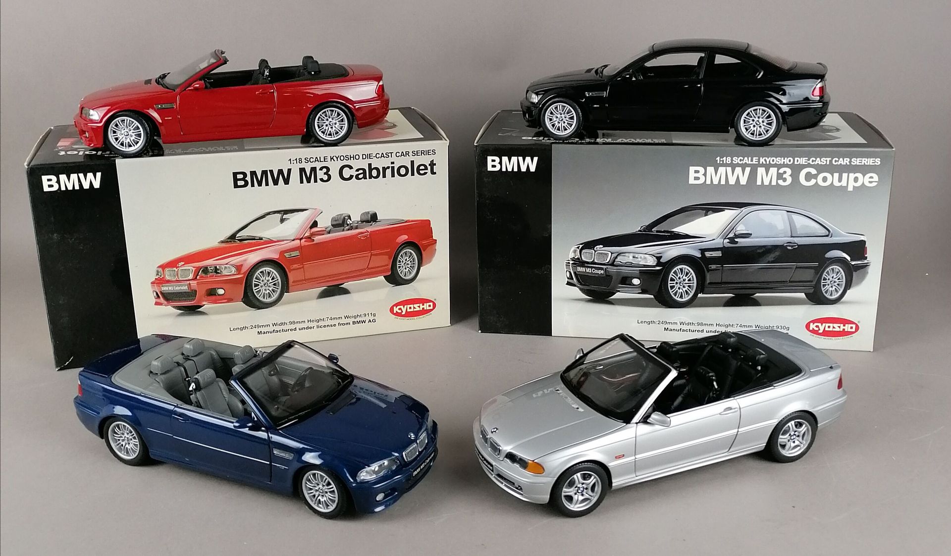 Null KYOSHO - VIER BMWs im Maßstab 1:18:

2x M3 Cabrio

1x M3 Coupé

1x 328i Cab&hellip;
