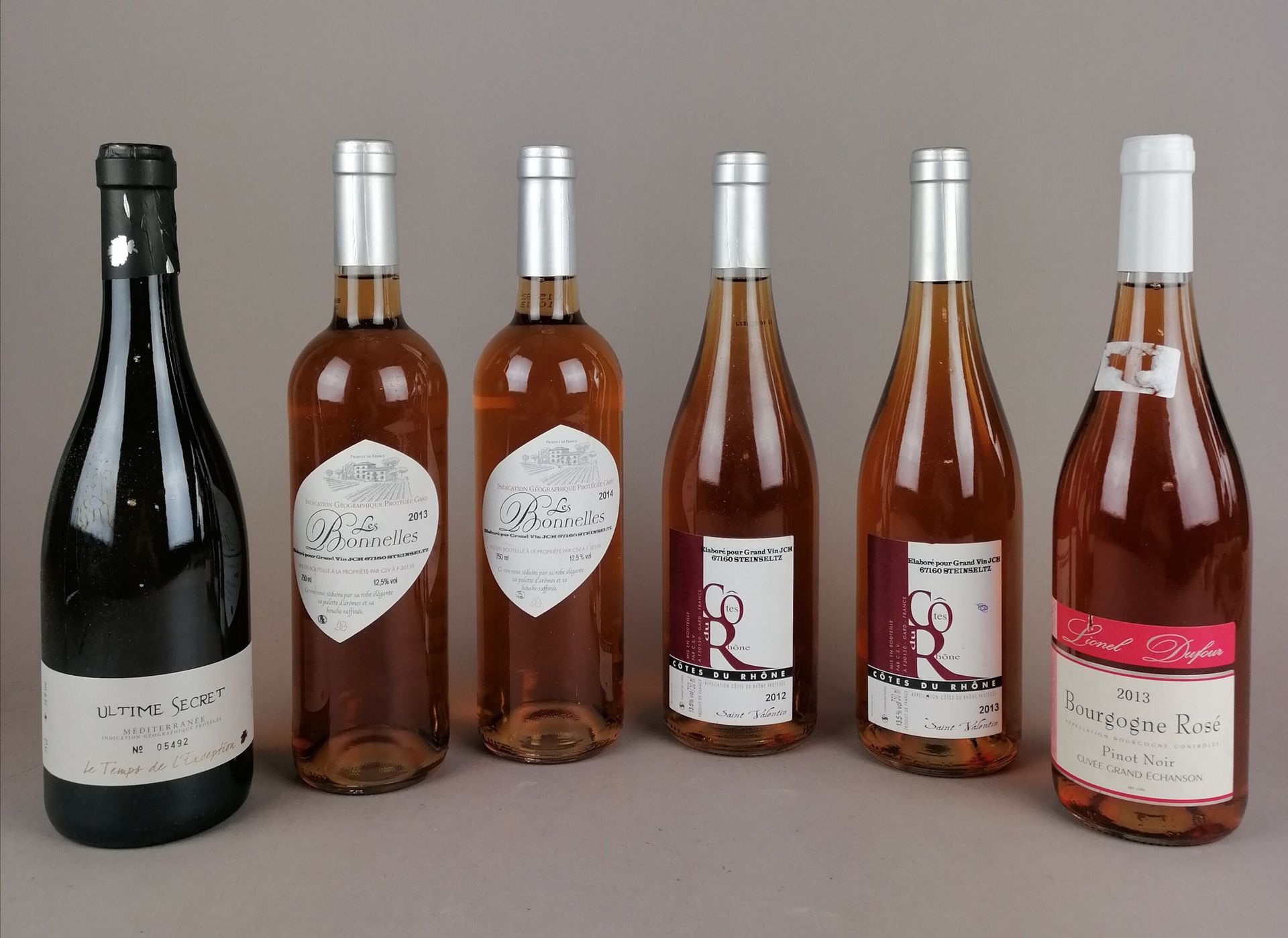 Null Lot von 11 Flaschen :

- 1 Flasche Rosé Les Bonnelles 2013 IGP Gard.

- 1 F&hellip;